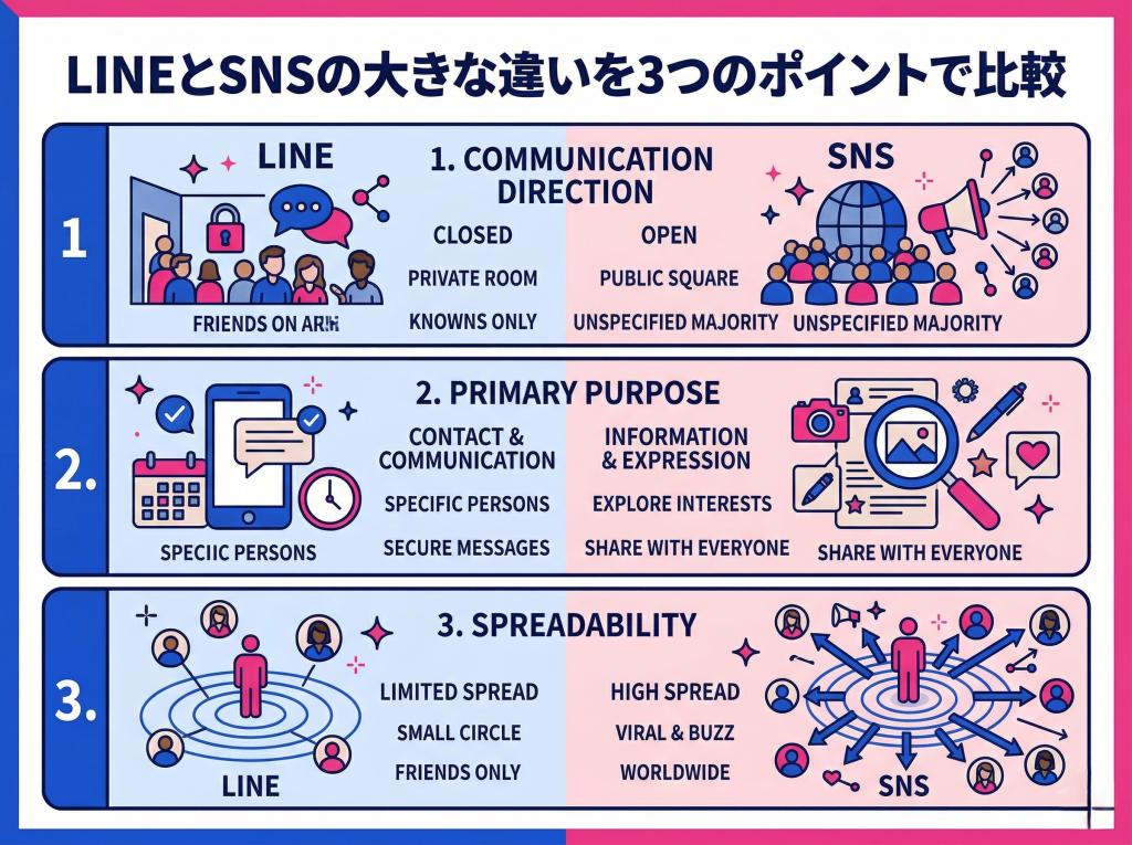 LINEとSNSの違いを3つのポイントで徹底比較！コミュニケーションの方向性、利用目的、拡散力の対比図解。