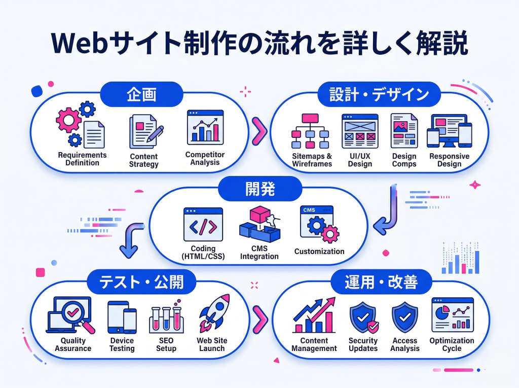 Webサイト制作の各ステップを、企画から運用まで5段階で分かりやすく図解したインフォグラフィック。