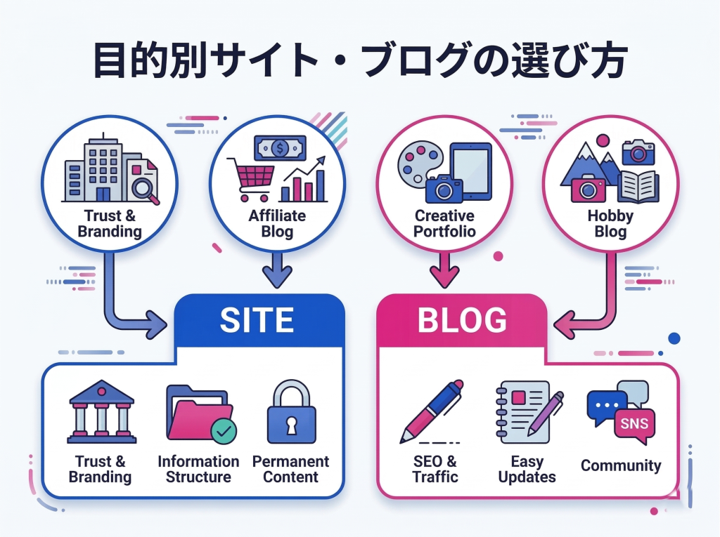 Webサイトとブログの違いを目的別に比較し、最適な選び方を判断できる図解。会社の公式サイトやポートフォリオはサイト、収益化や趣味の発信はブログが適していることを示している。