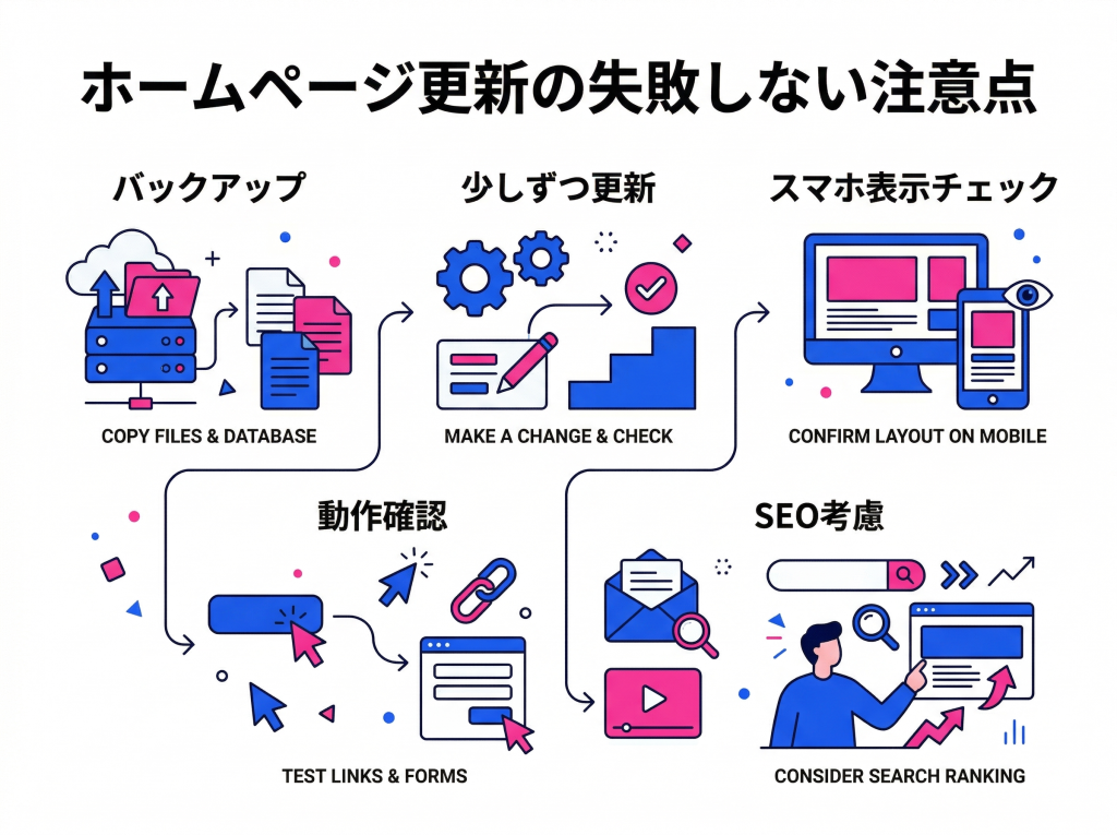 ホームページ更新の注意点をまとめた図解。バックアップ、段階的な更新、スマホ表示、動作確認、SEOの5つのポイントを解説しています。