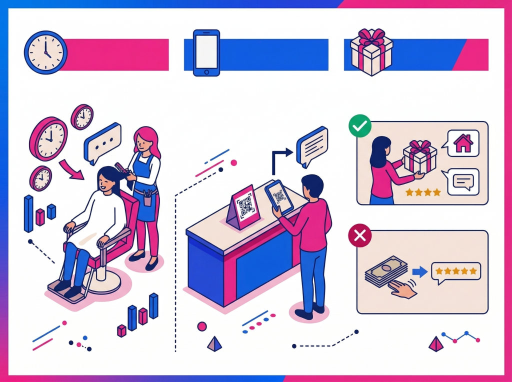 MEO対策に効果的な質の高い口コミを増やすための、最適なタイミング、QRコード活用、特典の注意点を図解したインフォグラフィック。
