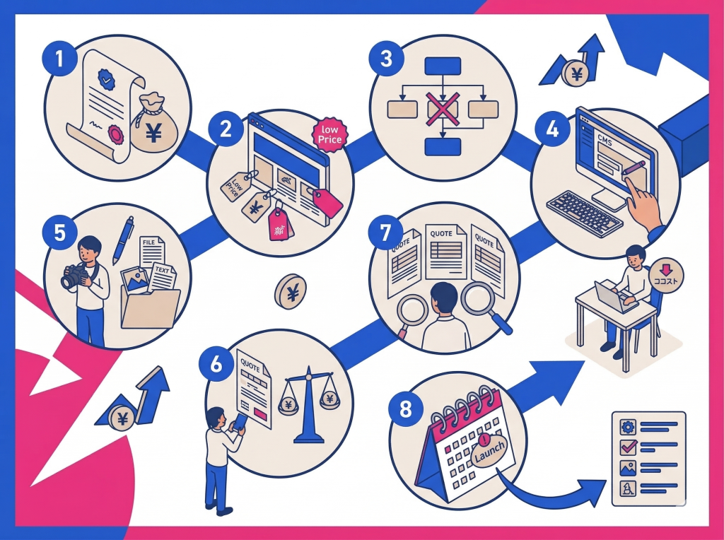 8つのコツを象徴するアイコンとミニシーン、小さなコスト削減アイコンで構成された、ホームページ制作費用を安く抑える8つのコツを分かりやすく解説するインフォグラフィック画像。