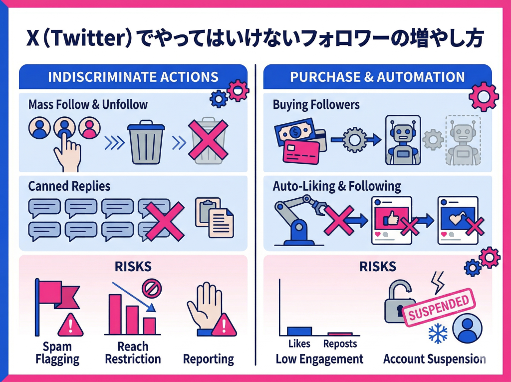 Xフォロワーを増やす際、絶対に避けるべき禁止事項とアカウント凍結などのリスクを図解したインフォグラフィック。