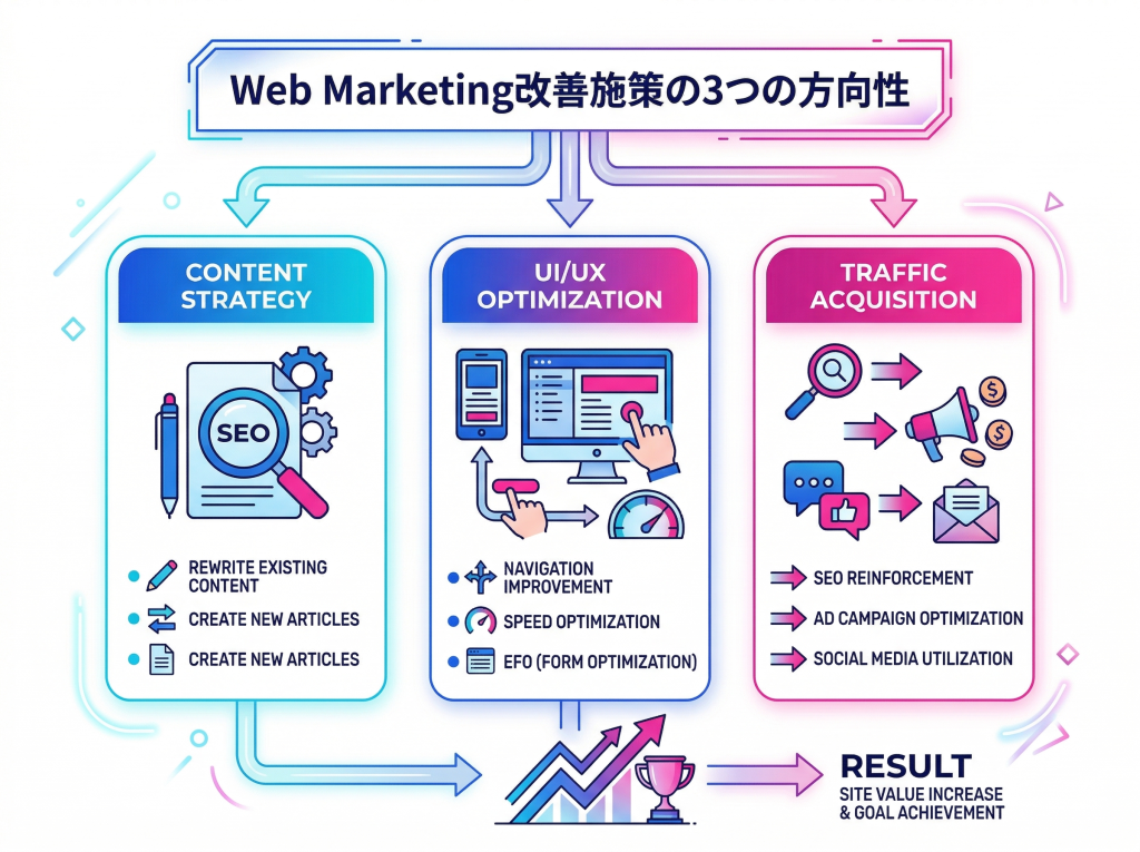 GA4分析に基づいたコンテンツ、UI_UX、集客チャネルというWebマーケティング改善施策の3つの方向性を図解したインフォグラフィック。