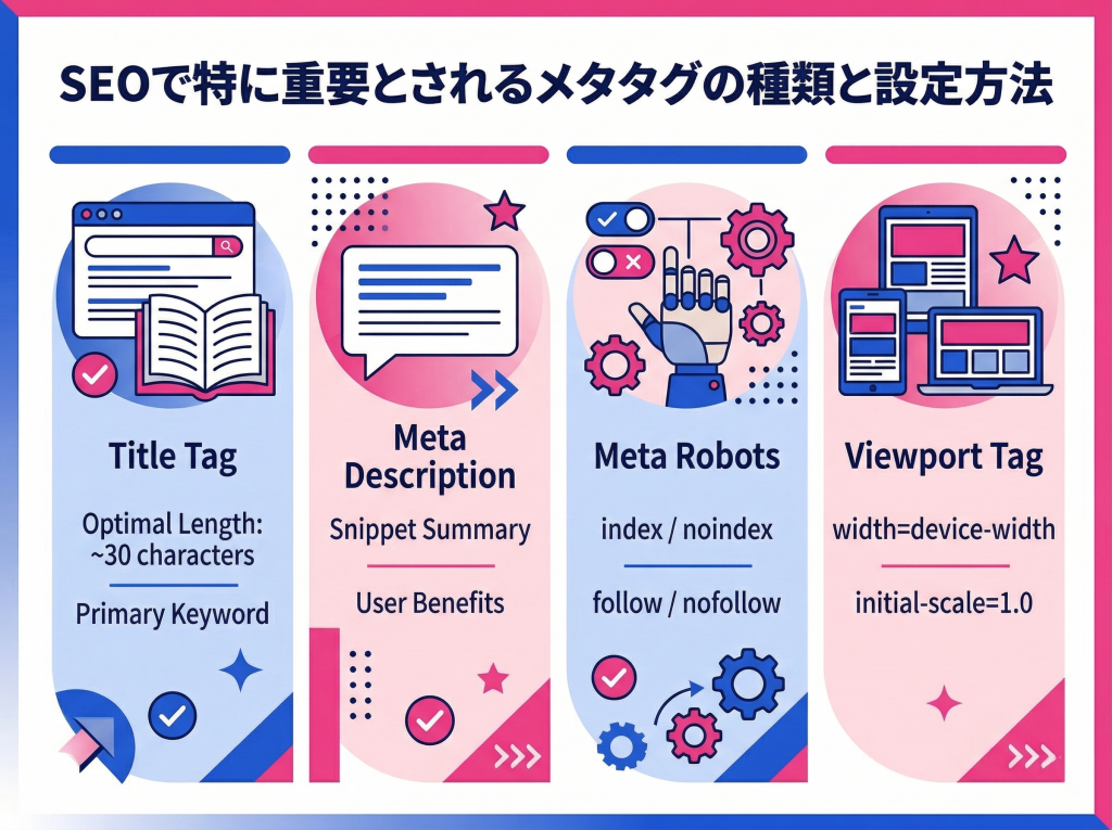 SEOで重要とされる4つの主要メタタグ（title、description、robots、viewport）の種類と役割、設定ポイントをまとめたインフォグラフィック。