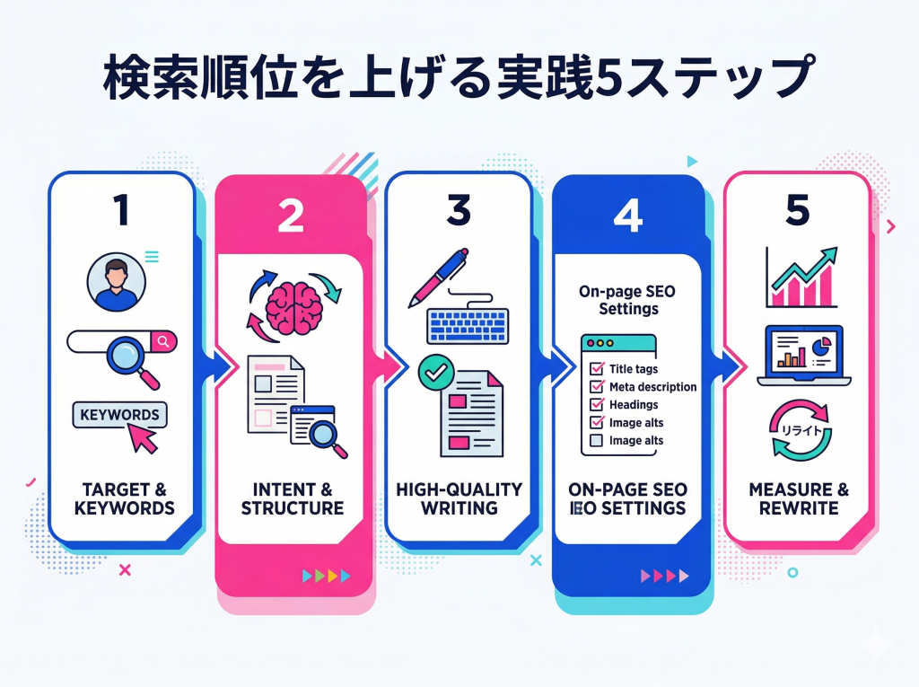 SEO対策とコンテンツマーケティングで検索順位を上げるための5つの実践ステップを解説するインフォグラフィック画像。