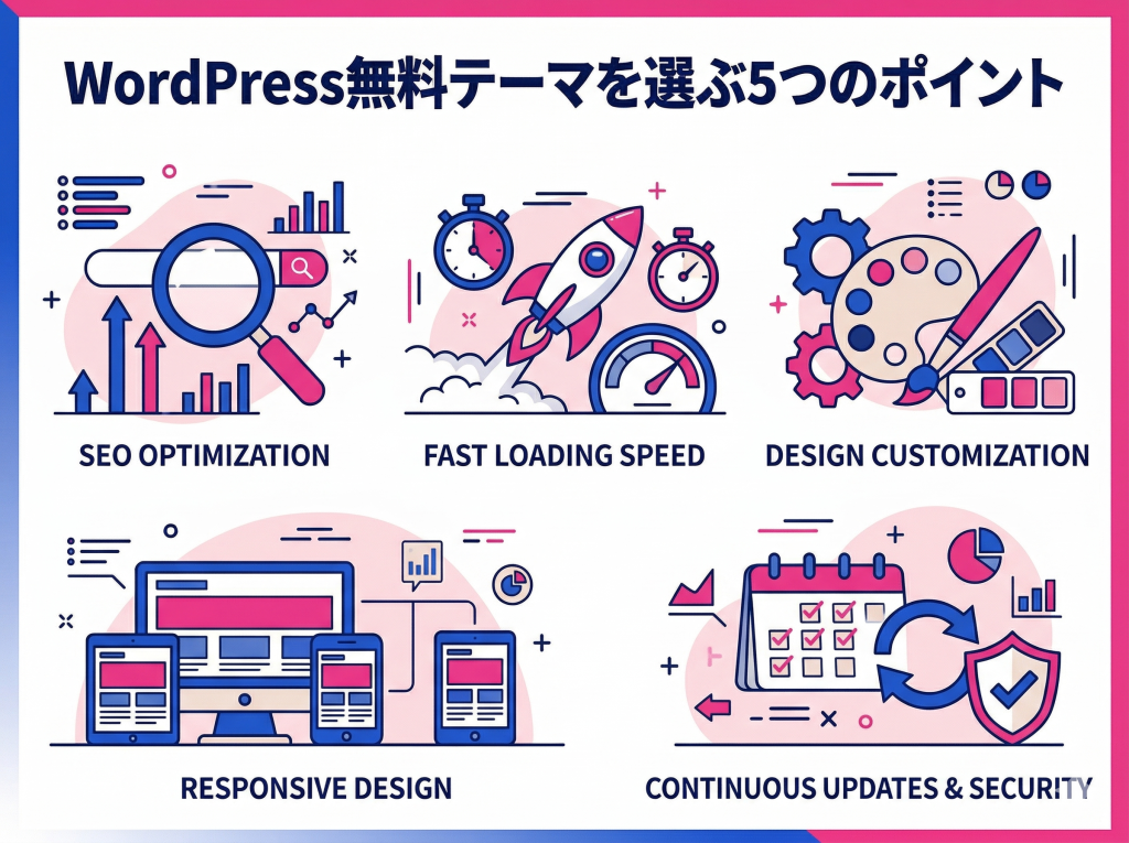 WordPressの無料テーマを選ぶ際に重要なSEO、表示速度、カスタマイズなど5つのポイントを視覚的にまとめたインフォグラフィック。