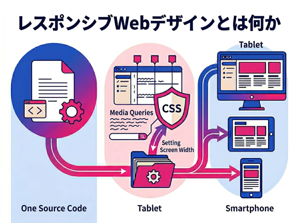 レスポンシブWebデザインの仕組みを図解。1つのファイルから画面サイズに合わせてレイアウトが変わる流れを表現。