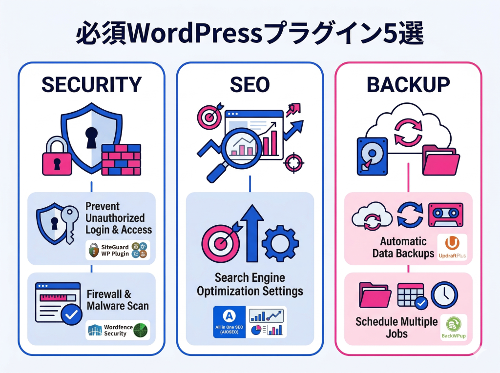 WordPressサイト運営に必須のおすすめプラグイン5選を、セキュリティ、SEO、バックアップの3つの目的別に分かりやすくまとめたインフォグラフィック。