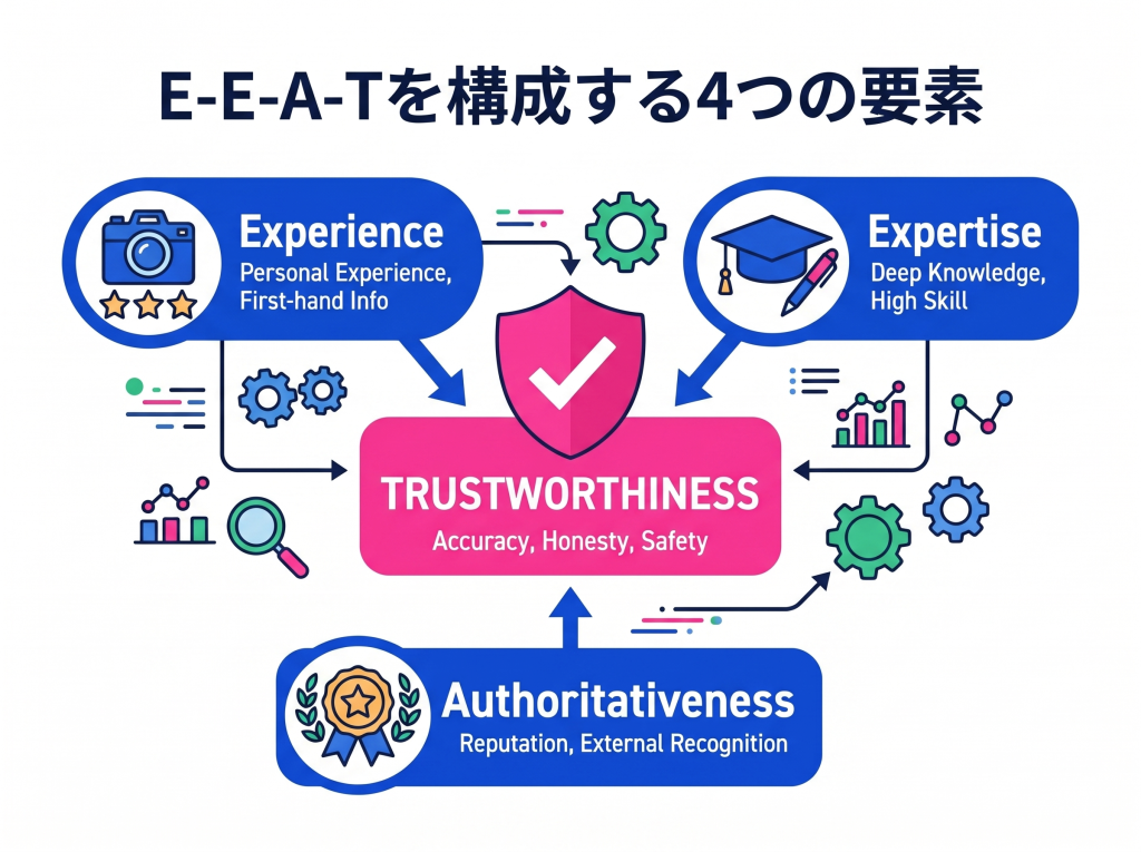 E-E-A-T（経験・専門性・権威性・信頼性）の4つの要素と、信頼性を中心とした構造を解説するインフォグラフィック。