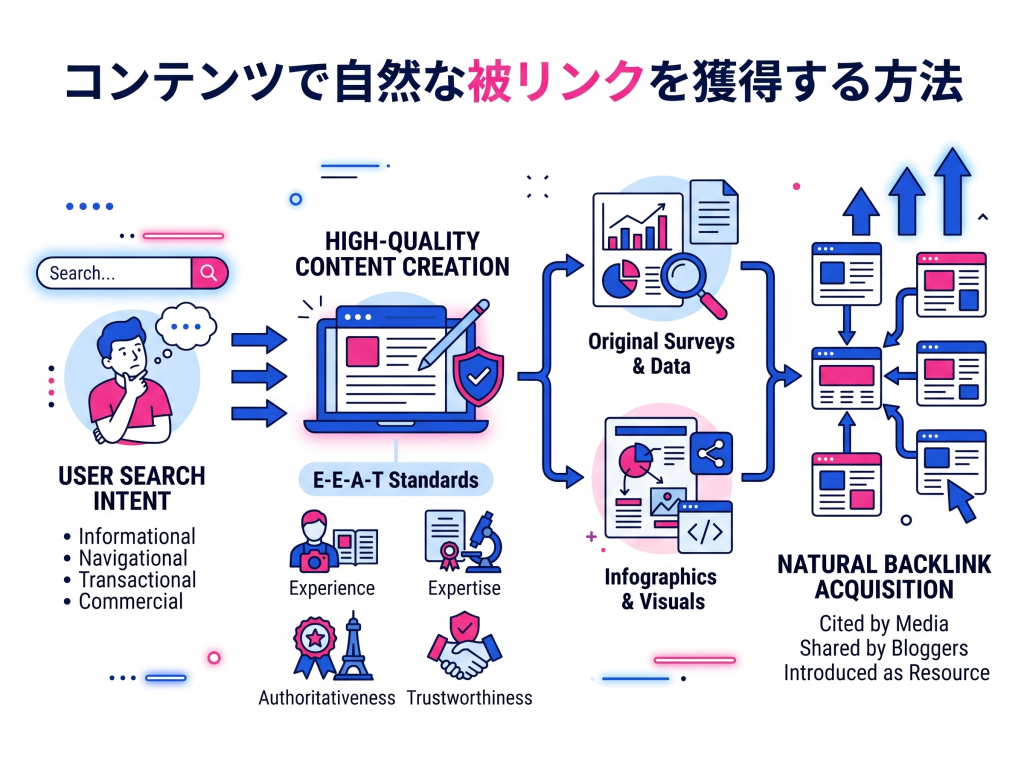 SEO対策として高品質なコンテンツを作成し、E-E-A-Tや独自調査によって自然な被リンク（ナチュラルリンク）を獲得する流れを図解。