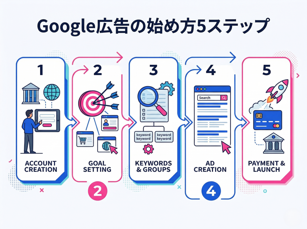 Google広告の始め方を5つのステップで解説する図解画像。アカウント開設から目標設定、キーワード選定、広告作成、配信開始までの流れを視覚的に表現。