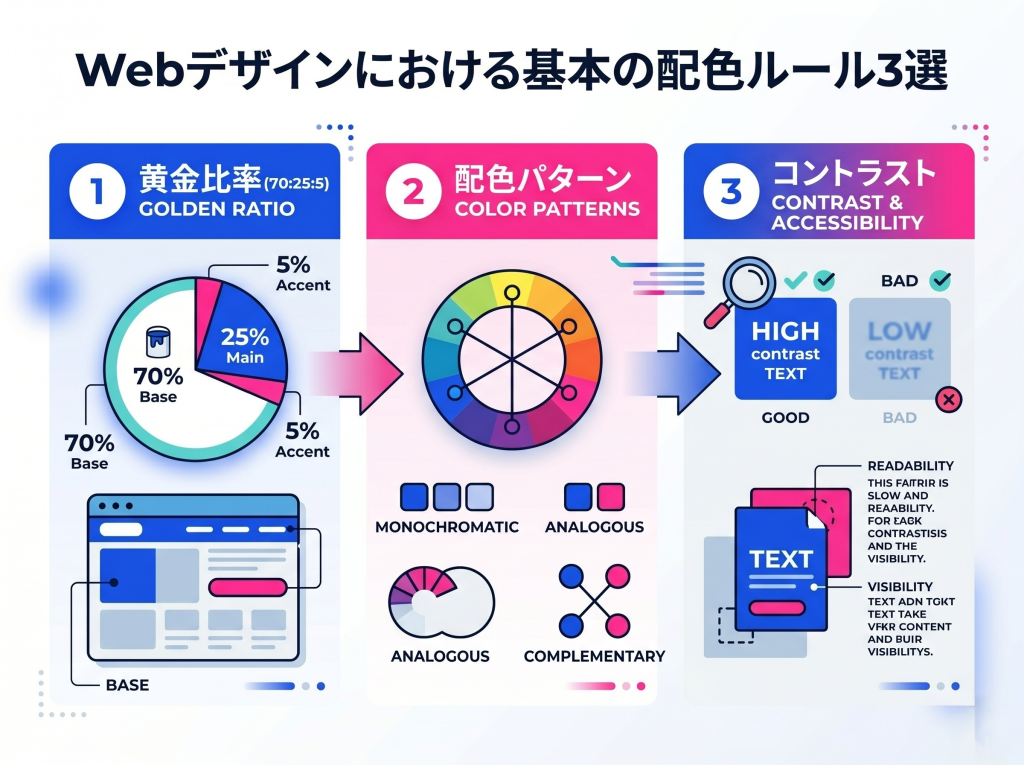 Webデザインの基本配色ルールである、黄金比率、配色パターン、コントラストの3要素を図解したインフォグラフィック。