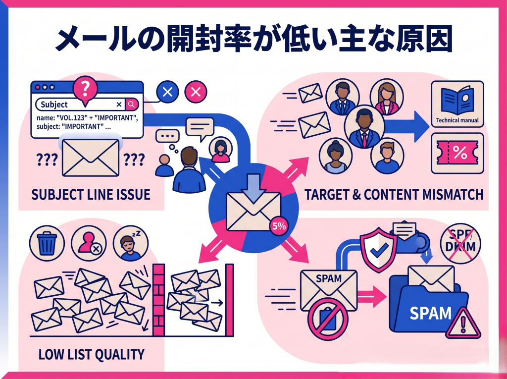 メールマーケティング担当者必見！開封率低下の4大原因を、件名不足やターゲット不一致、リスト質低下、迷惑メール判定として視覚化したインフォグラフィック。