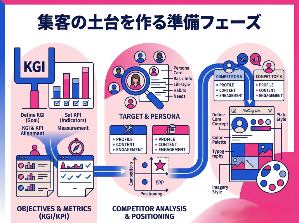 Instagram集客の準備フェーズを4項目で図解したインフォグラフィック。目的設定からコンセプト決定までの土台作りを示す。
