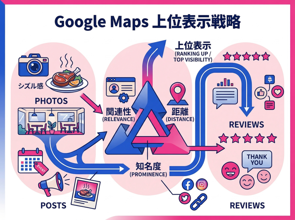 飲食店MEO戦略を解説。Googleマップ上位表示のための3要素と具体策を図解。