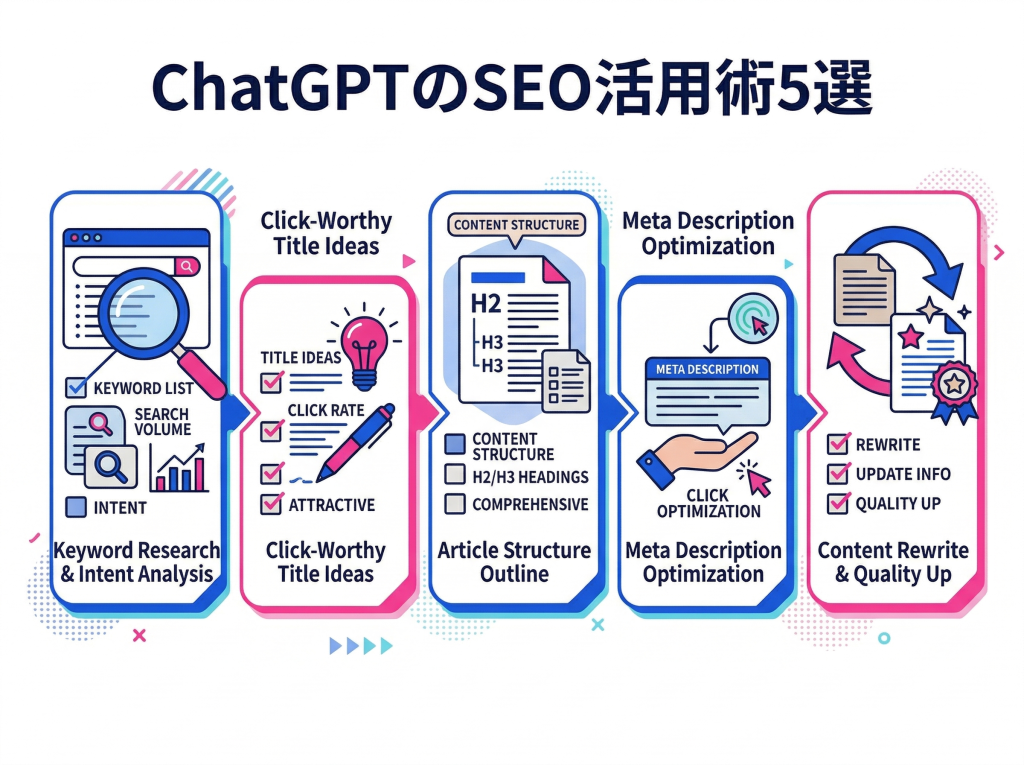 SEO活用術としてChatGPTを使った5つの具体的な手法（キーワードリサーチ、タイトル案、構成案、メタディスクリプション、リライト）を図解したインフォグラフィック。