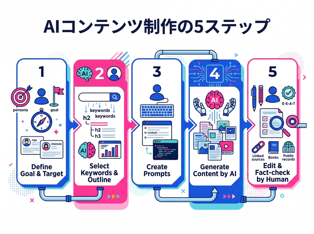 AIコンテンツ制作の具体的な5ステップを視覚化したインフォグラフィック。目的設定からAI生成、人間の編集までの流れをクリーンなイラストで示す。