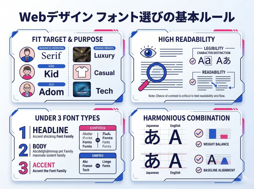 Webデザインにおけるフォント選びの4つの基本ルール（ターゲット、可読性、種類数、和欧混植）を整理したインフォグラフィック。