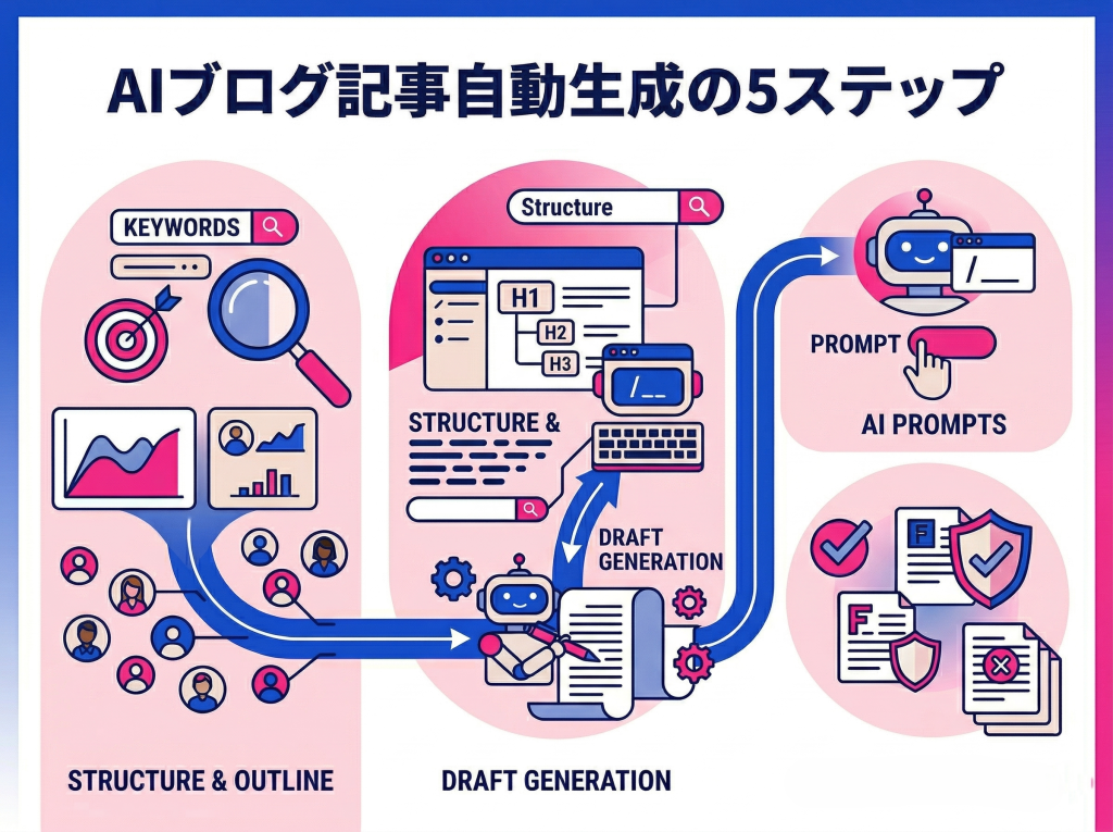 AIライティングによるブログ記事自動生成の5つのステップ（キーワード選定から編集まで）を視覚化したインフォグラフィック。初心者でも簡単な流れを示しています。