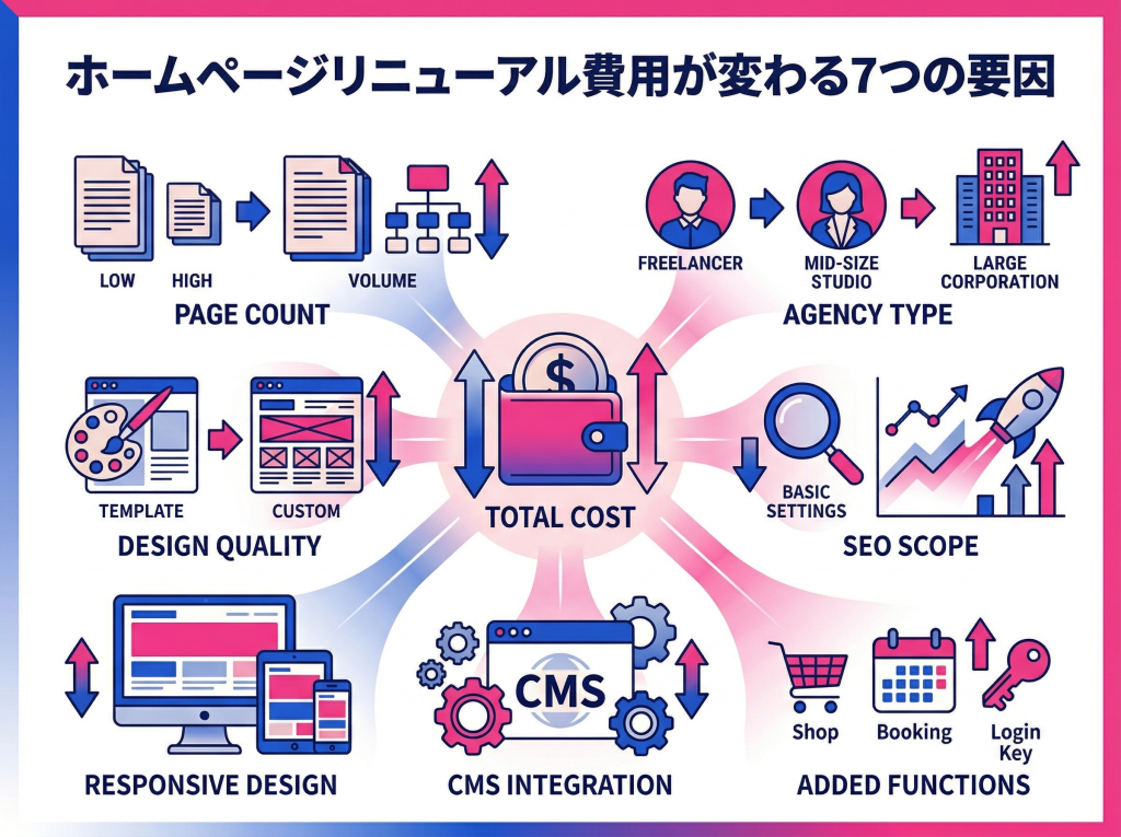ホームページリニューアル費用を左右する7つの要因（ページ数、デザイン、機能など）を視覚化したインフォグラフィック。