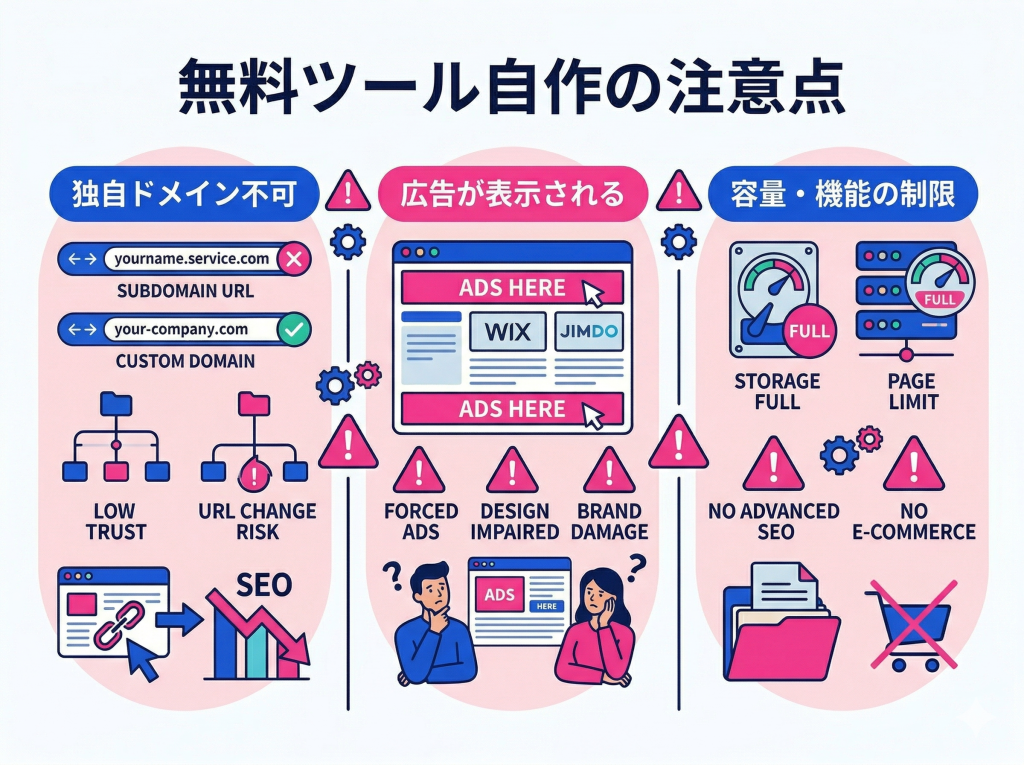 無料ホームページ制作ツールを自作で利用する際の、独自ドメイン、広告表示、容量・機能制限という3つの主要な注意点を視覚的に図解したインフォグラフィック。