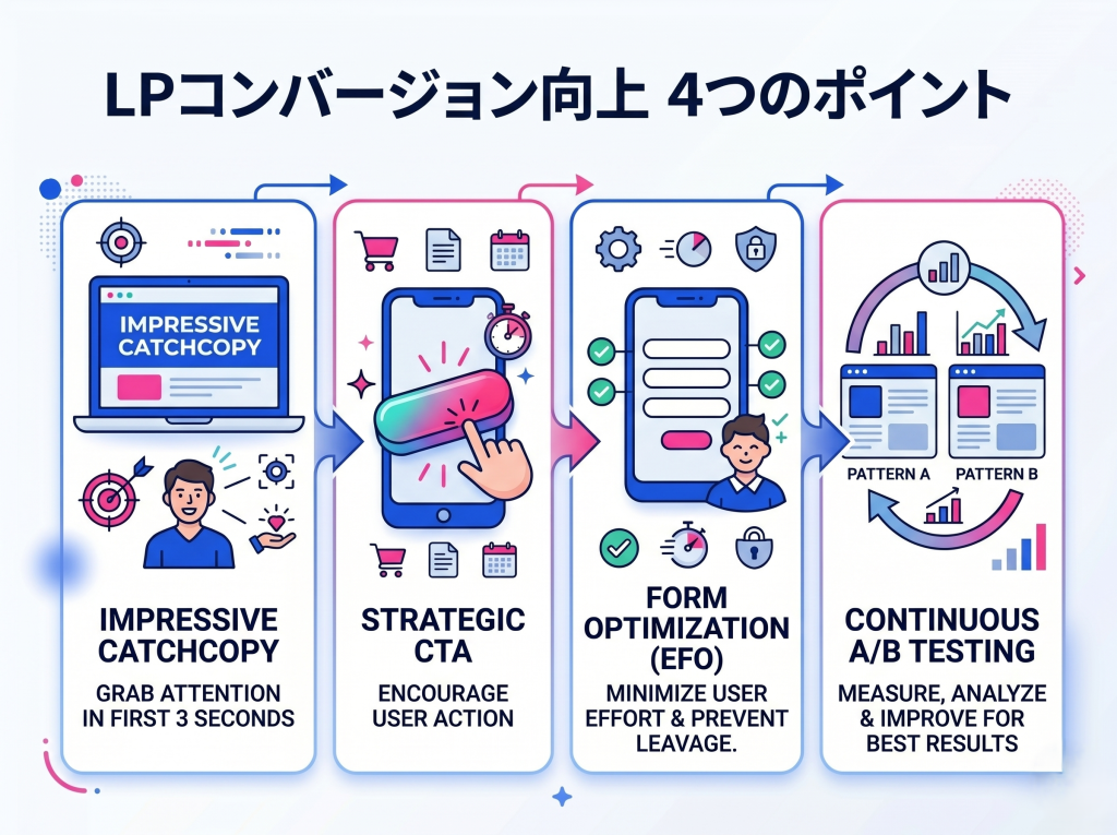 LPコンバージョン向上の4つのポイント（キャッチコピー、CTA、フォーム最適化、ABテスト）を解説するインフォグラフィック。