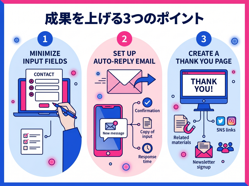 お問い合わせフォーム設置後に成果を上げる3つのポイント（入力項目最小化、自動返信、サンクスページ）を図解したインフォグラフィック。