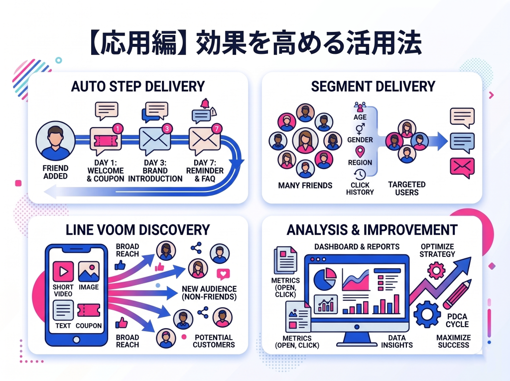 LINE公式アカウントの応用的な活用方法。ステップ配信、セグメント配信、LINE VOOM、分析機能の4つの効果を高める手法をイラストで図解。