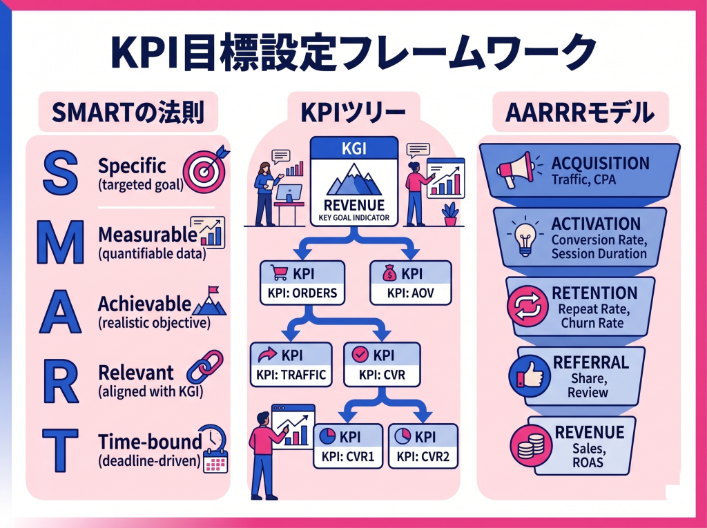 WebマーケティングのKPI目標設定に不可欠な、SMARTの法則、KPIツリー、AARRRモデルの3つのフレームワークを視覚的に整理。