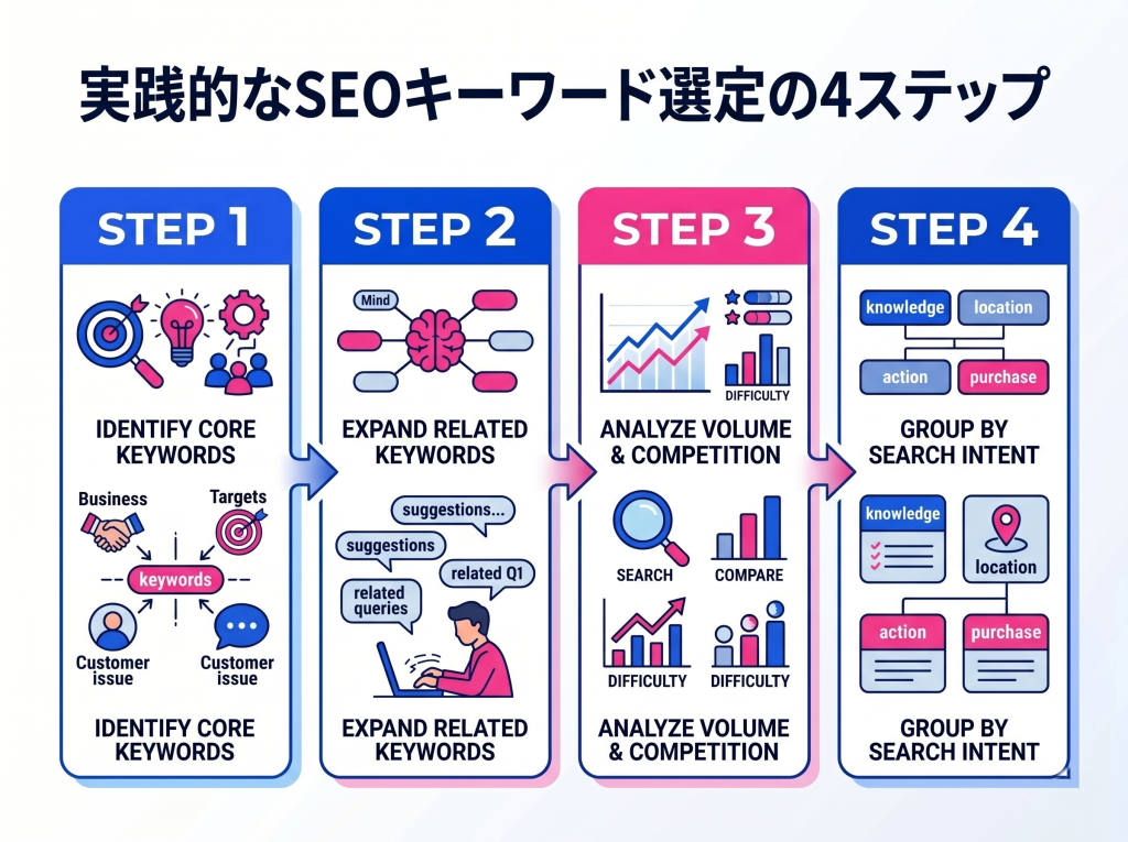 実践的なSEOキーワード選定の4ステップを示すフローチャート。軸キーワードの洗い出し、関連キーワードの抽出、ボリュームと競合性の調査、検索意図による分類の流れを図解。