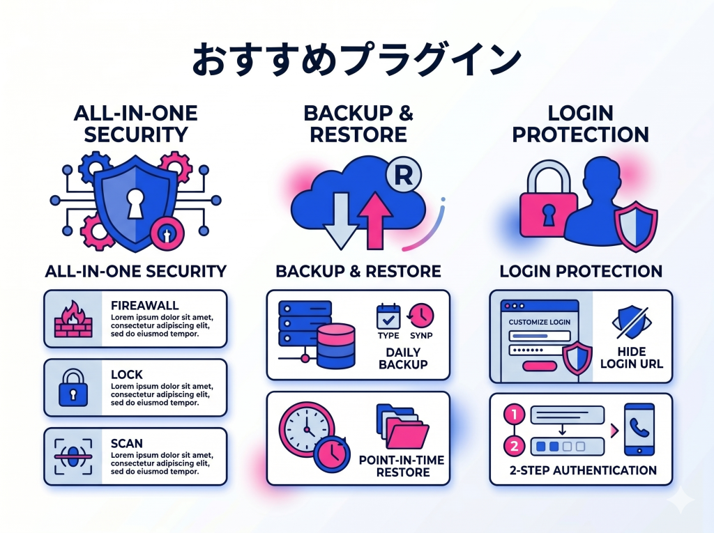 WordPressセキュリティ対策におすすめのプラグインを、オールインワン、バックアップ、ログイン関連の3つの目的別に整理したインフォグラフィック画像。