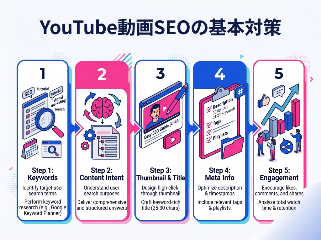 YouTube動画SEOの基本対策5ステップを図解。キーワード選定からエンゲージメント向上までの流れを解説します。