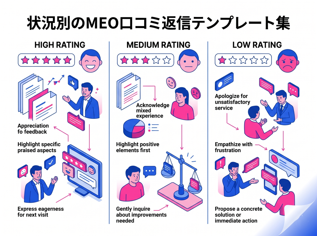 MEO口コミ返信の状況別テンプレート集をまとめた図解。高評価・中評価・低評価の3パターンの対応を視覚的に整理しています。