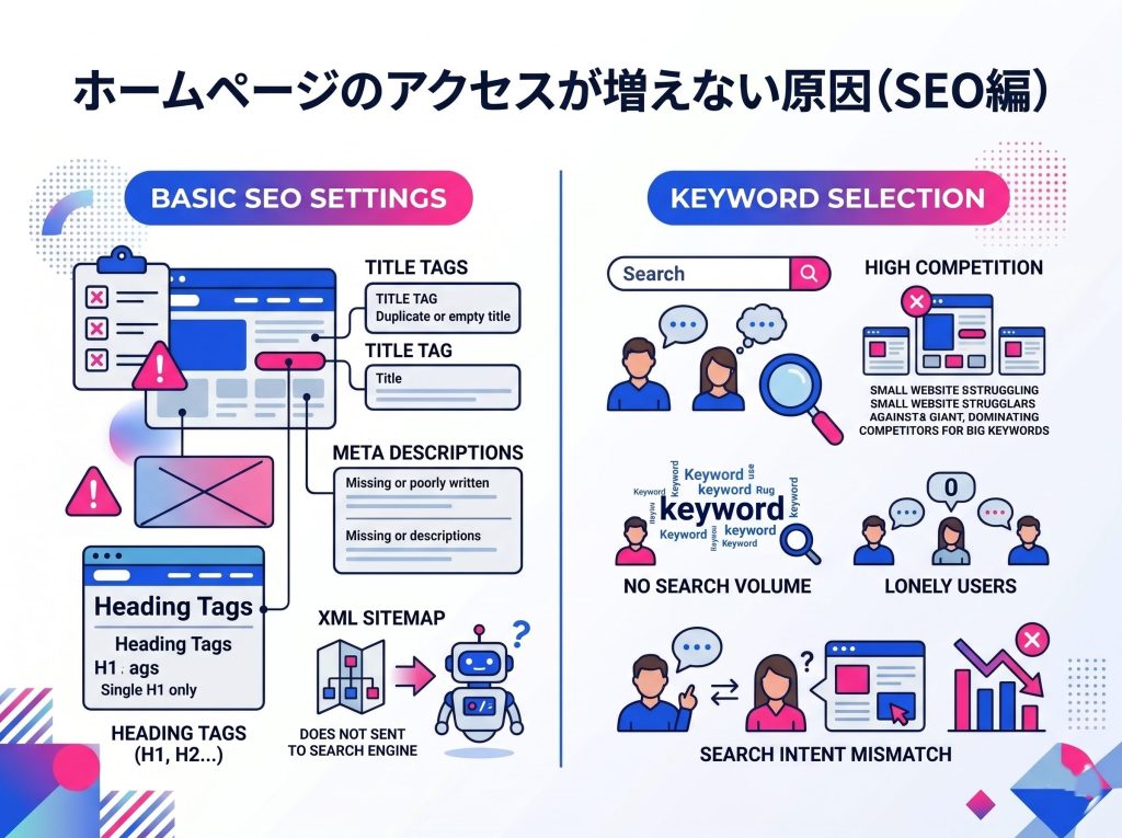 ホームページのアクセスが増えない原因をSEOの観点から図解。SEO基本設定の不備とキーワード選定のミスを解説。