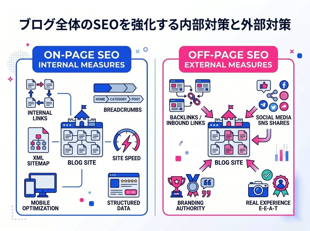 SEO対策の内部対策と外部対策を図解。左が内部対策（内部リンク・サイトマップ等）、右が外部対策（被リンク・SNS等）で、それぞれの具体例を整理。