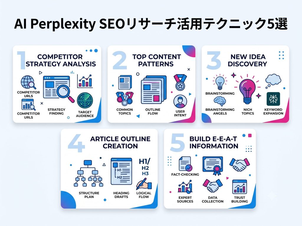Perplexityを活用したSEOリサーチの実践テクニック5選を、競合分析やコンテンツ作成、E-E-A-T向上の図解で紹介しています。