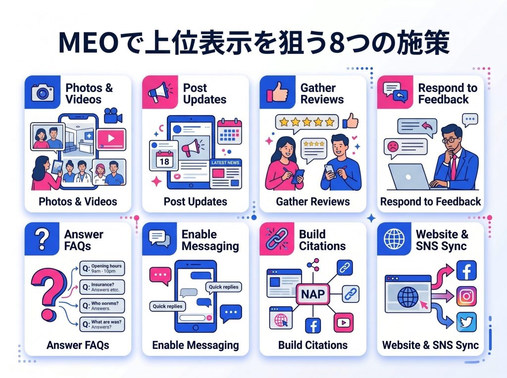 MEO対策で上位表示を狙うための、写真充実、口コミ獲得、投稿活用など8つの重要な施策を視覚的にまとめたインフォグラフィック。